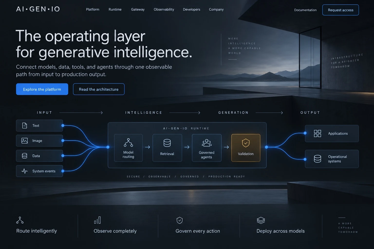 AI GEN IO generative AI infrastructure brand concept for multimodal input output, orchestration and production systems