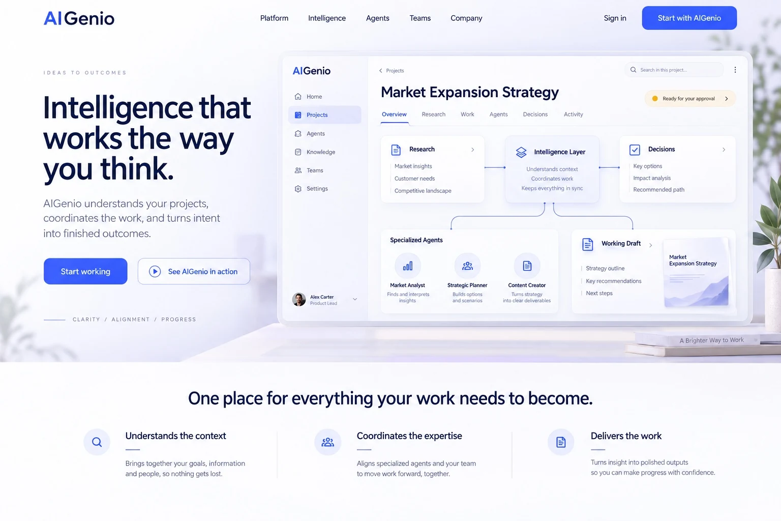 AIGenio intelligent AI platform brand concept for coordinated work, agents and enterprise knowledge