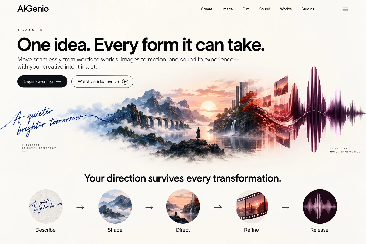 AIGenio generative multimodal AI studio concept for image, film, sound and creative systems