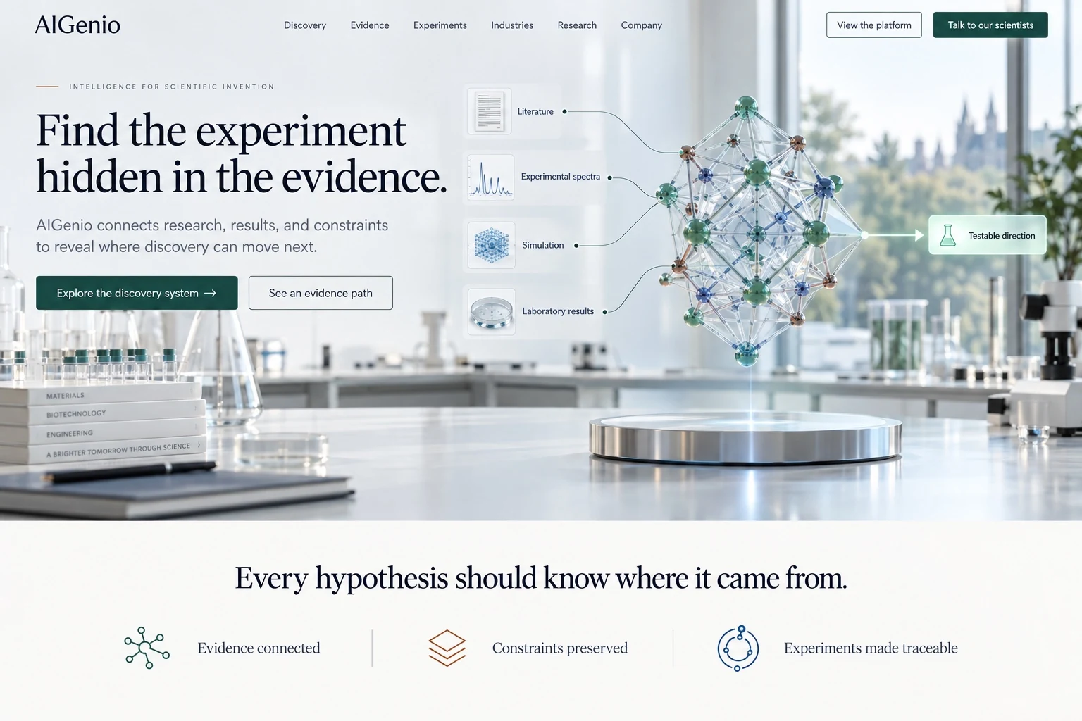 AIGenio scientific discovery AI platform concept for research, evidence, simulation and advanced R&D